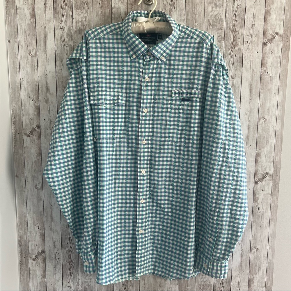 Vineyard Vines Performance Harbor Checkered Blue and Green Shirt XL